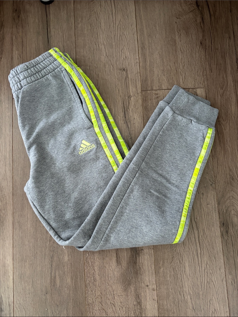 adidas Kids Heather Gray Joggers with Neon Green Stripes. Boys Medium 10/12